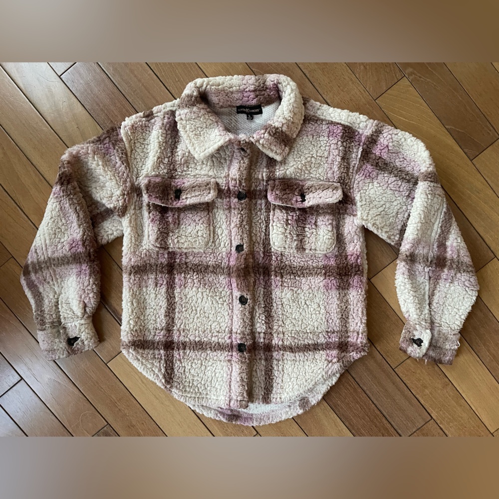 Almond Famous Sherpa Shacket Plaid Teddy Jacket Small